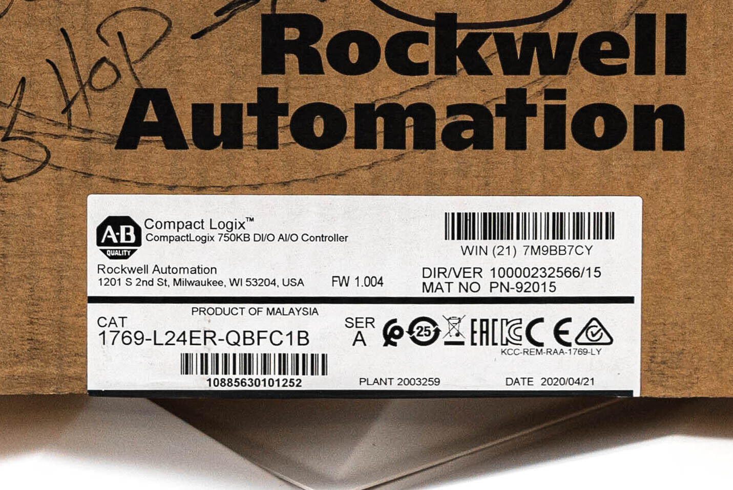 Rockwell Automation Compact Logix 750KB DI/O AI/O Controller 1769-L24ER-QBFC1B