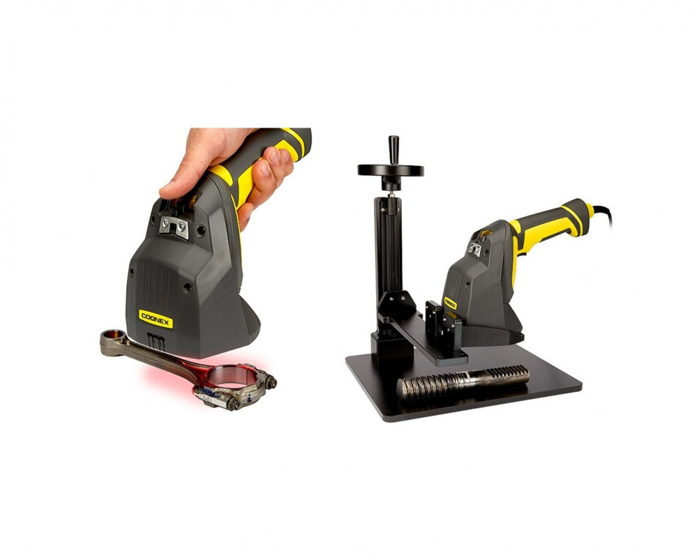 Stand for DM8072 Verifier with mounted verifier scanning a DPM barcode DMV-8072V-STAND - Visionex Tech