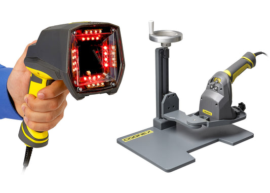 Stand for DM8072 Verifier with mounted verifier and front view DMV-8072V-STAND - Visionex Tech